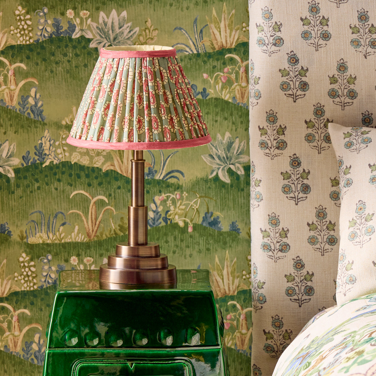 12 inch empire shade in aqua pink block printed Dotty gathered cotton by GP & J Baker