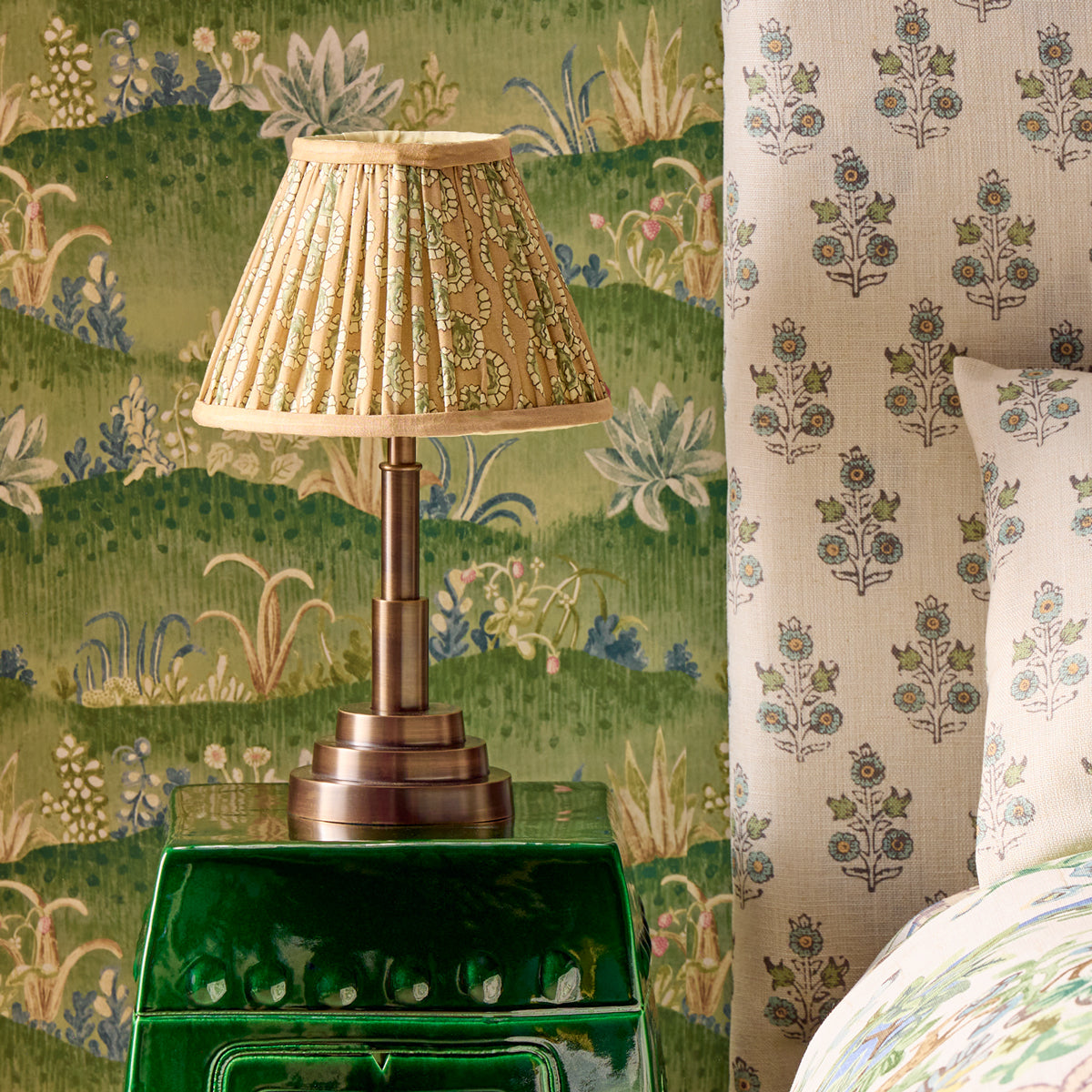 12 inch empire shade in biscuit block printed Dotty gathered cotton by GP & J Baker