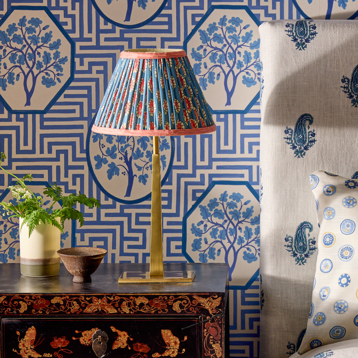 12 inch empire shade in blue and red block printed Dotty gathered cotton by GP & J Baker