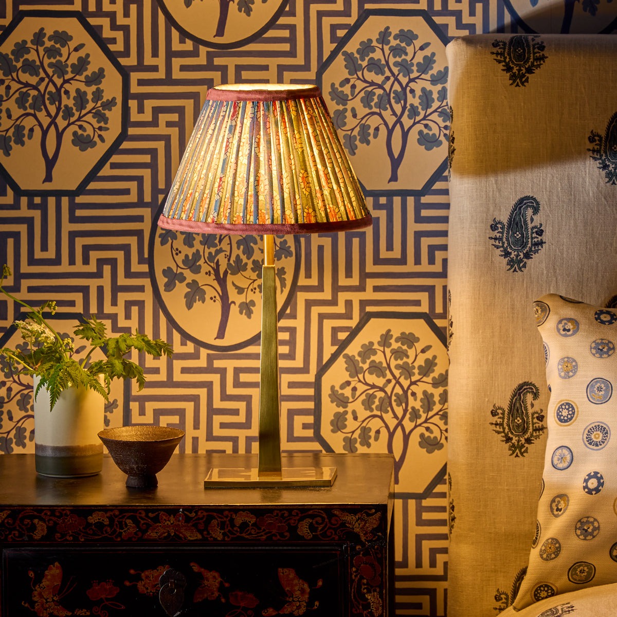 6 inch empire shade for cordless lamps in blue and red block printed Dotty gathered cotton by GP & J Baker