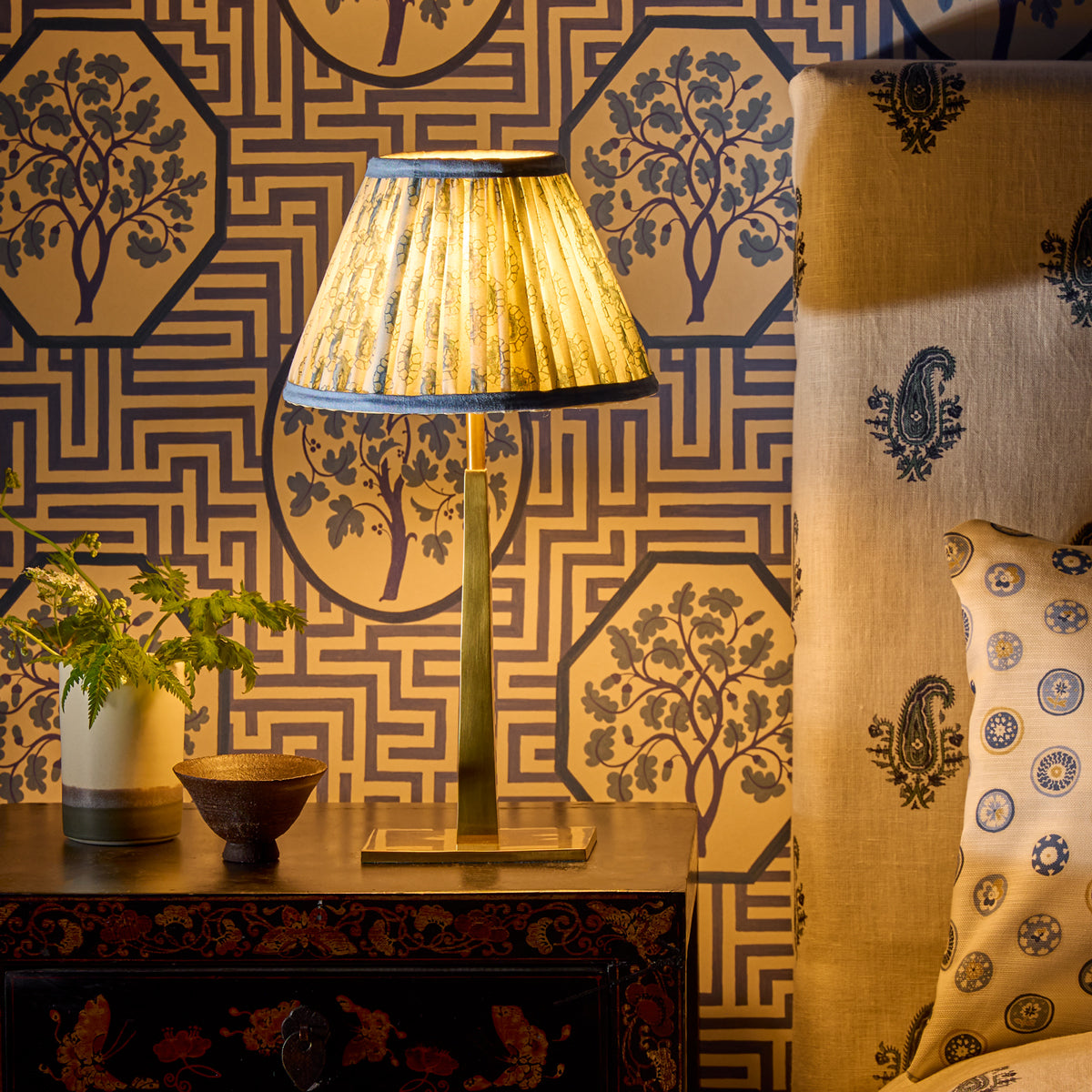 6 inch empire shade for cordless lamps in blue and white block printed Dotty gathered cotton by GP & J Baker