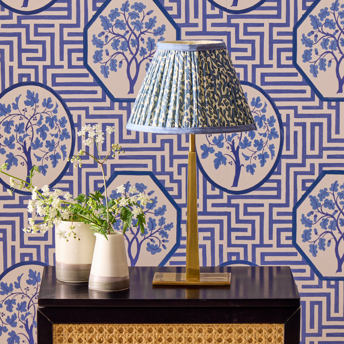 6 inch empire shade for cordless lamps in denim Tuffley gathered cotton by GP & J Baker