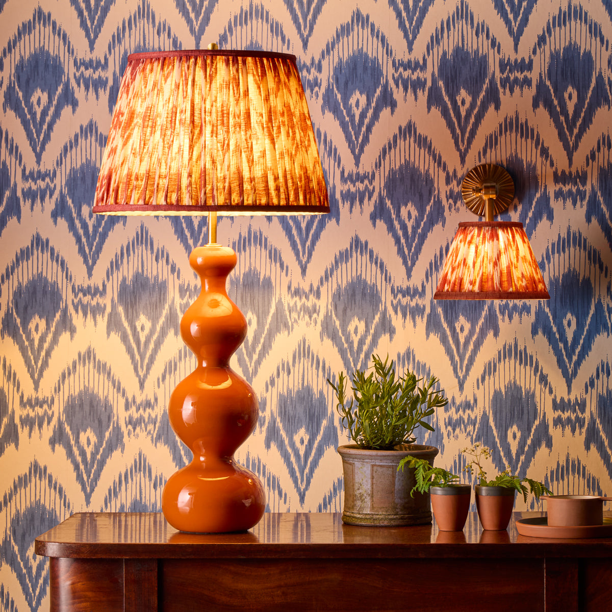 6 inch empire shade for cordless lamps in red Zaraband gathered linen by GP & J Baker