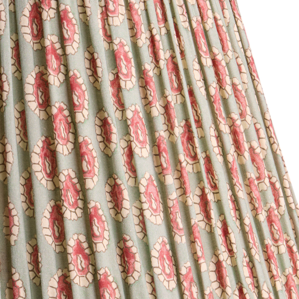 10 inch empire shade for cordless lamps in aqua pink block printed Dotty gathered cotton by GP & J Baker