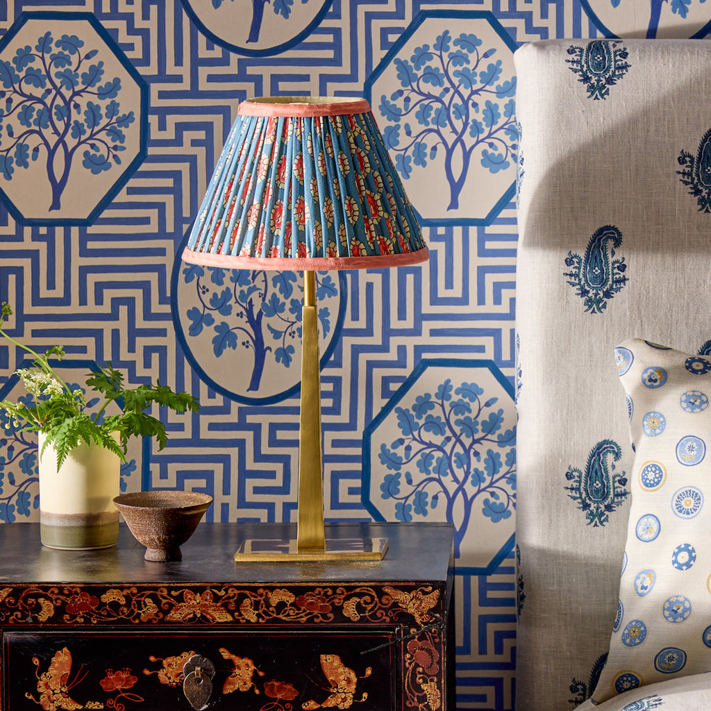 10 inch empire shade for cordless lamps in blue and red block printed Dotty gathered cotton by GP & J Baker