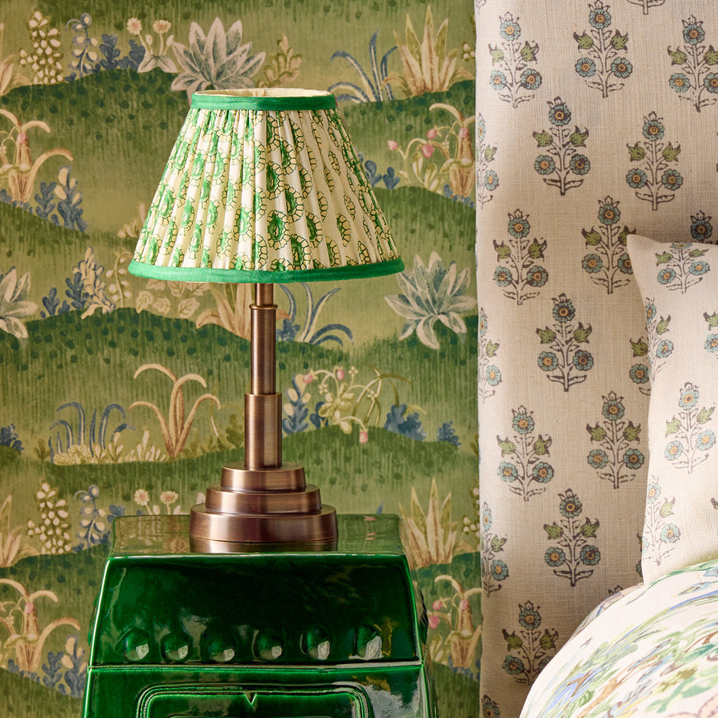10 inch empire shade for cordless lamps in green and white block printed Dotty gathered cotton by GP & J Baker