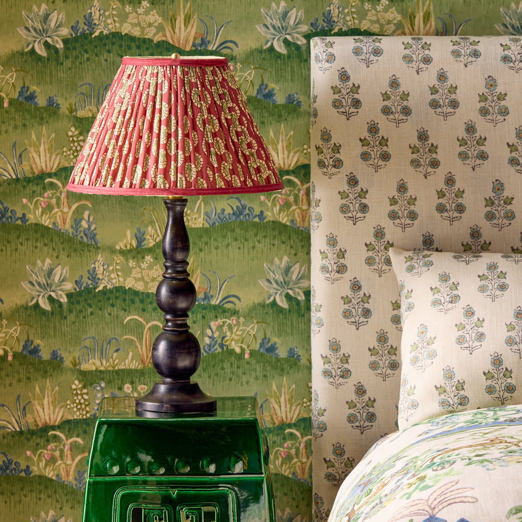 10 inch empire shade for cordless lamps in oxblood block printed Dotty gathered cotton by GP & J Baker