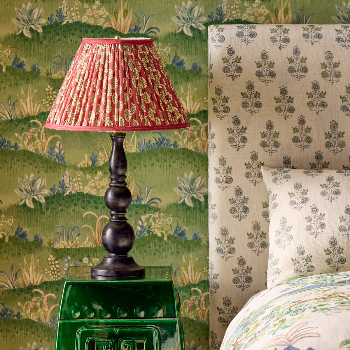 10 inch empire shade for cordless lamps in oxblood block printed Dotty gathered cotton by GP & J Baker