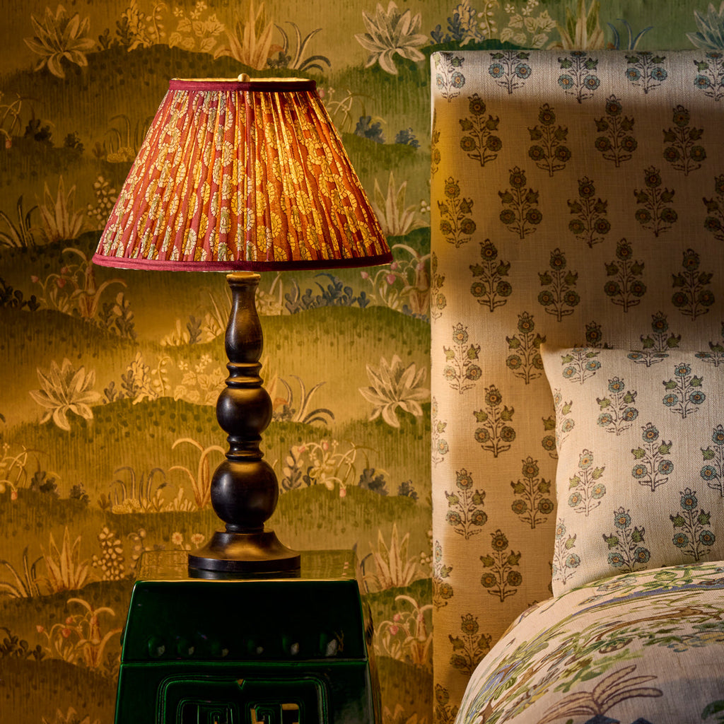 10 inch empire shade for cordless lamps in oxblood block printed Dotty gathered cotton by GP & J Baker