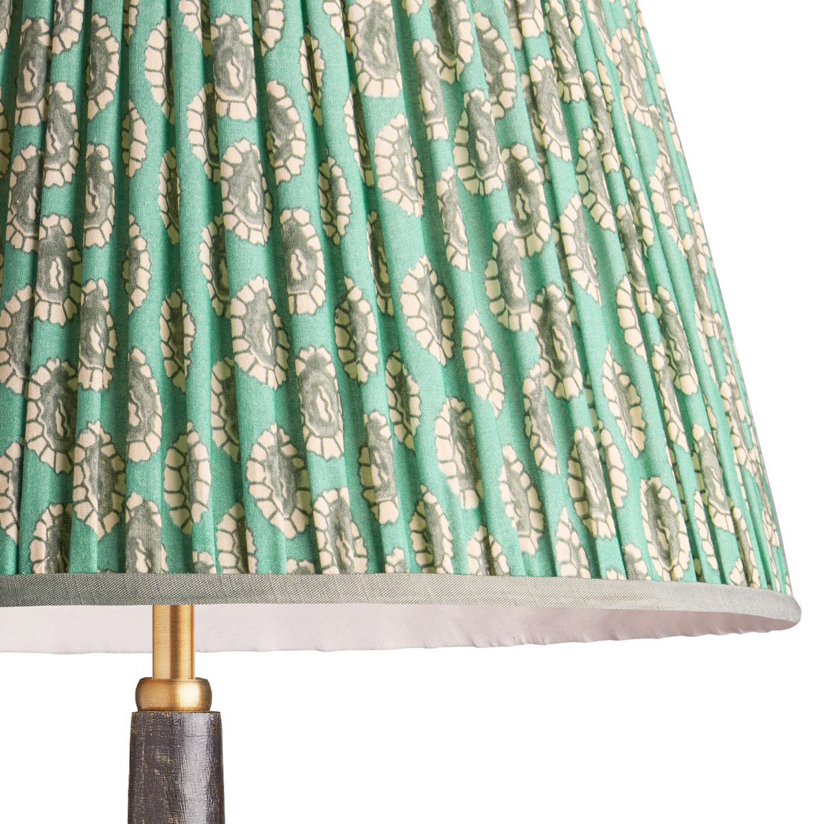 12 inch straight empire reversible gimbal shade in aqua block printed Dotty gathered cotton by GP & J Baker