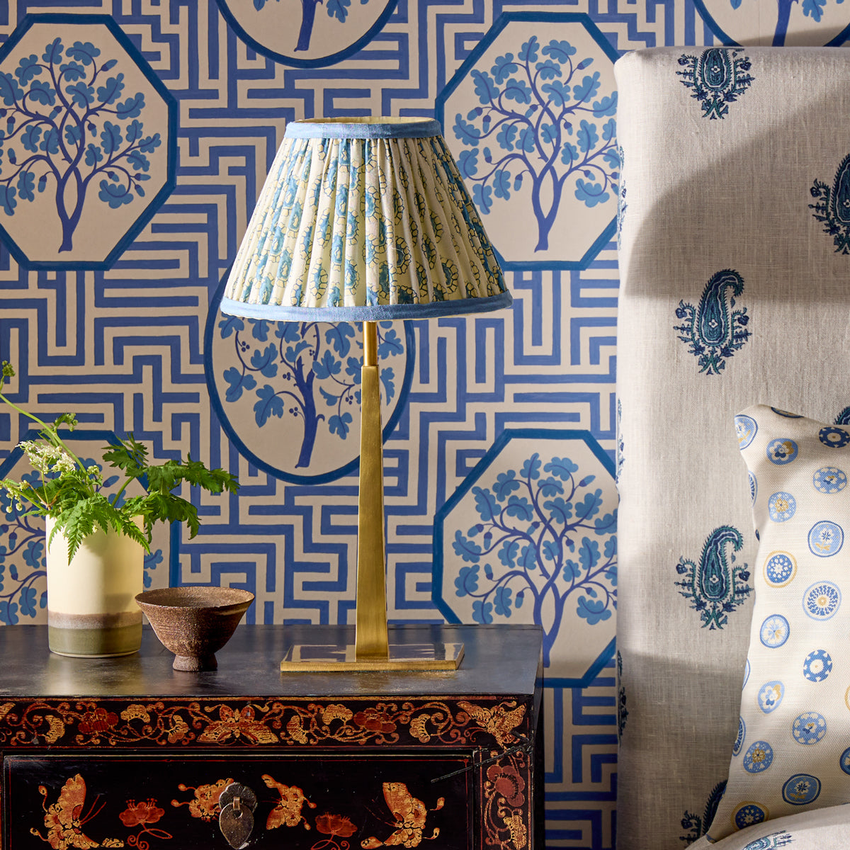 12 inch straight empire reversible gimbal shade in blue and white block printed Dotty gathered cotton by GP & J Baker