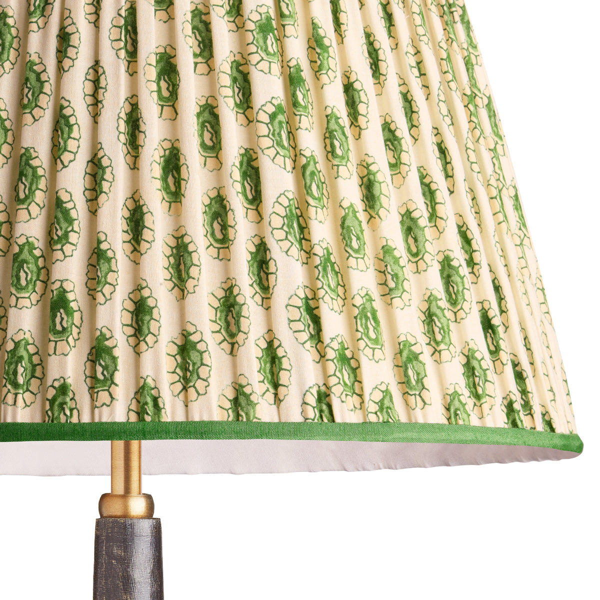 12 inch straight empire reversible gimbal shade in green and white block printed Dotty gathered cotton by GP & J Baker