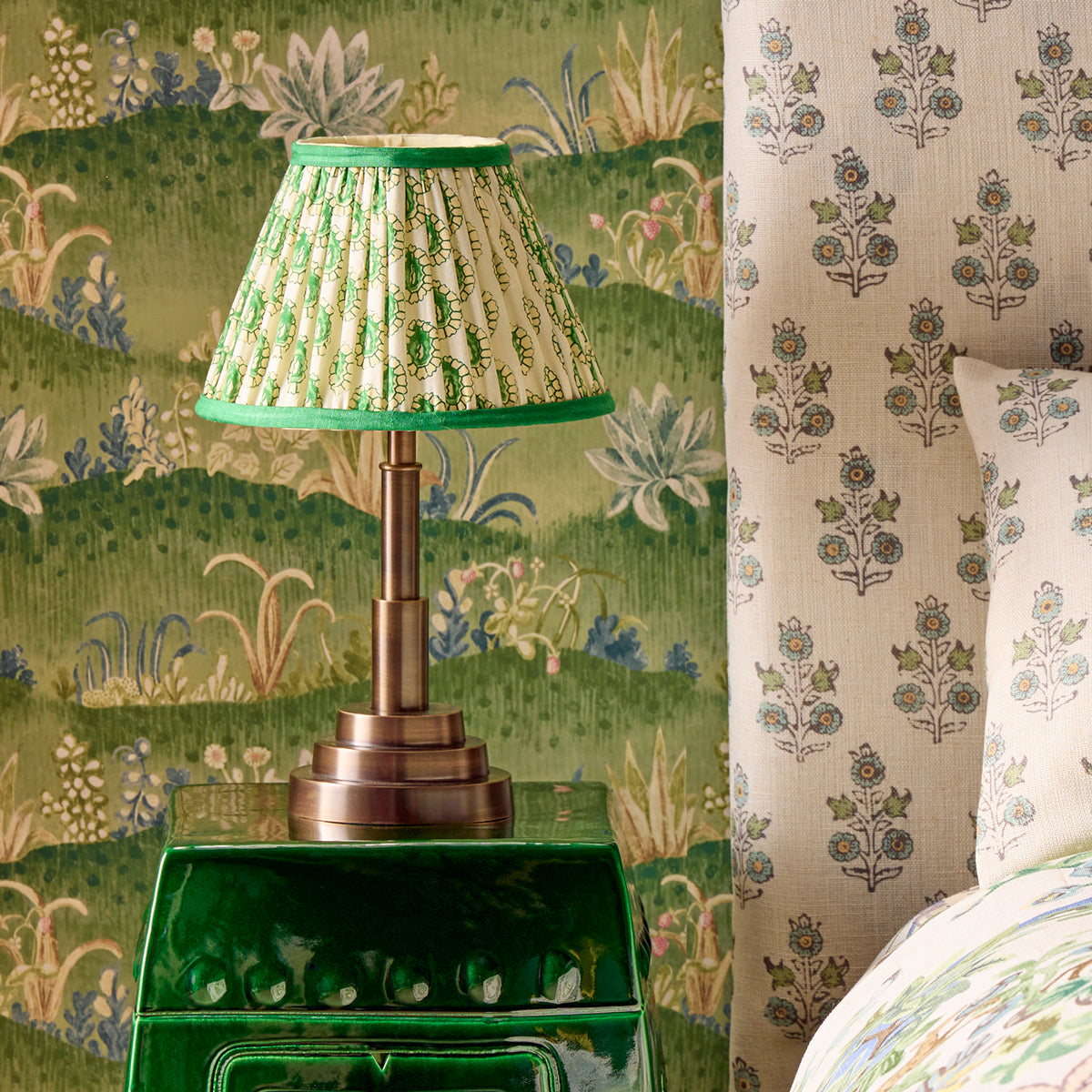 12 inch straight empire reversible gimbal shade in green and white block printed Dotty gathered cotton by GP & J Baker