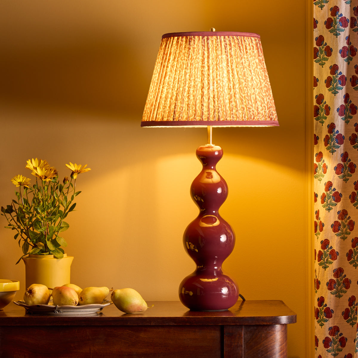12 inch straight empire reversible gimbal shade in red aqua Tuffley gathered cotton by GP & J Baker