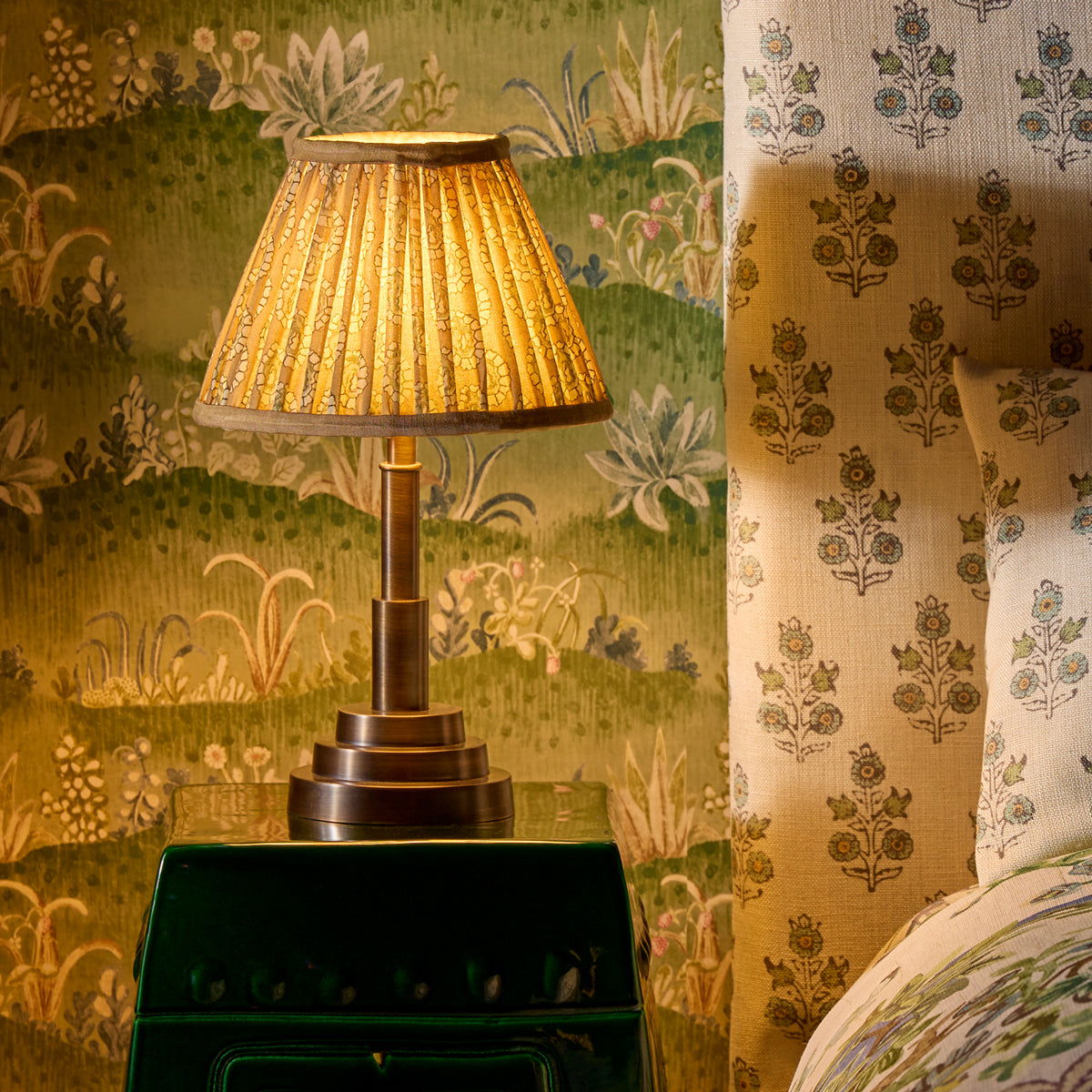 14 inch straight empire reversible gimbal shade in biscuit block printed Dotty gathered cotton by GP & J Baker