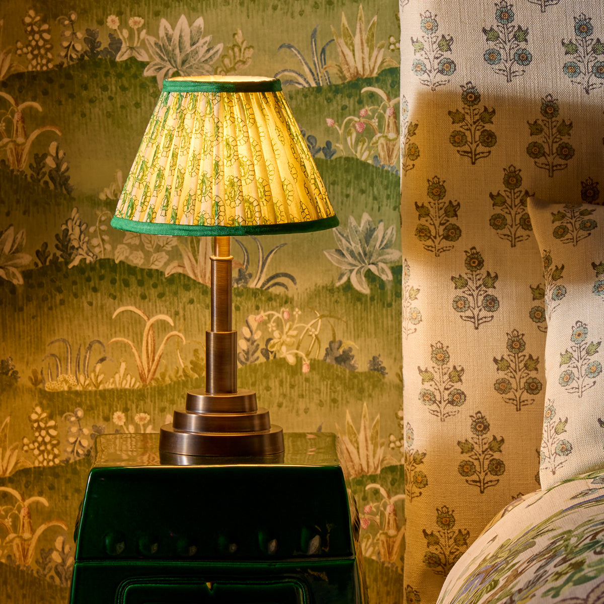 14 inch straight empire reversible gimbal shade in green and white block printed Dotty gathered cotton by GP & J Baker