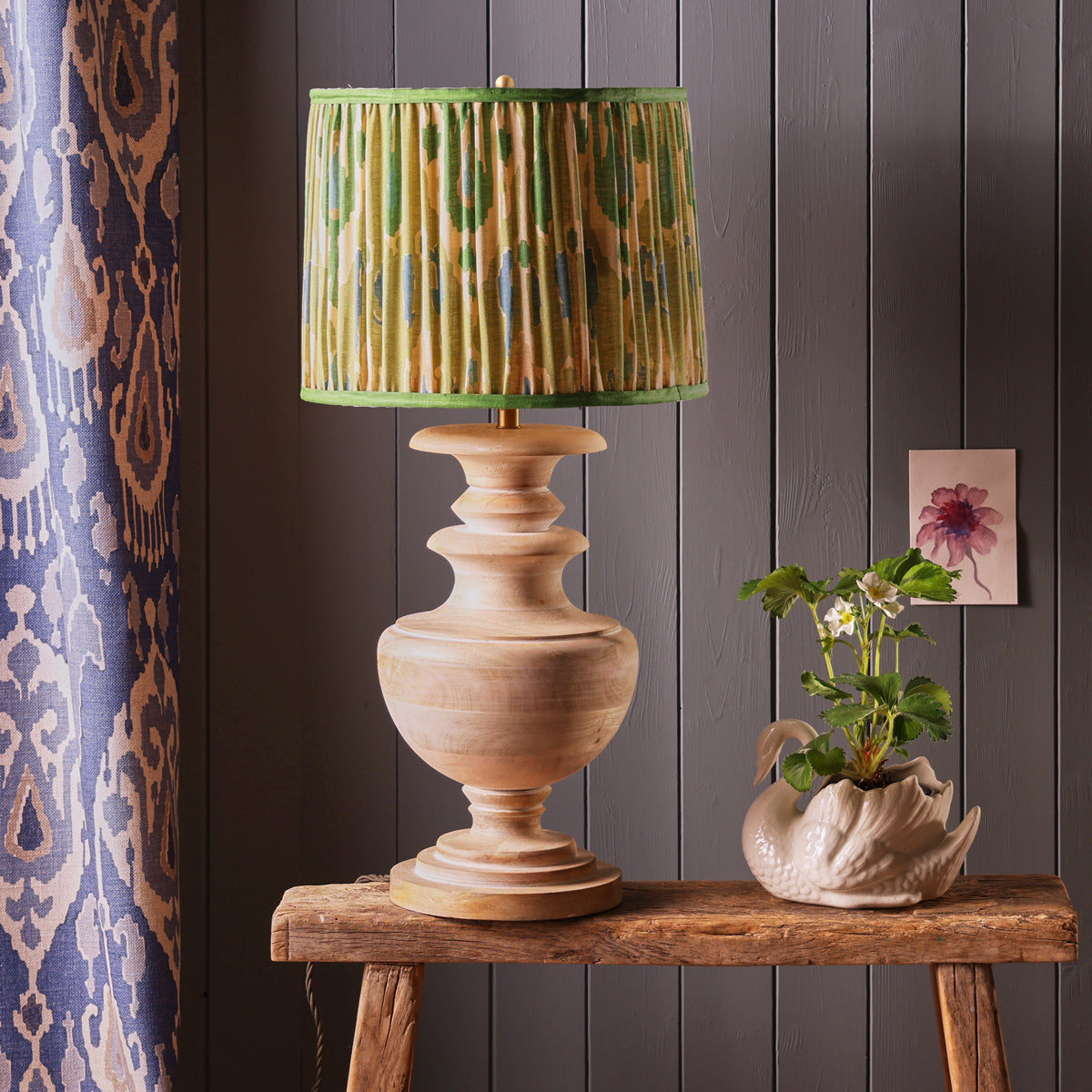 10 inch tapered drum shade for cordless lamps in green blue Bokhara gathered linen by GP & J Baker