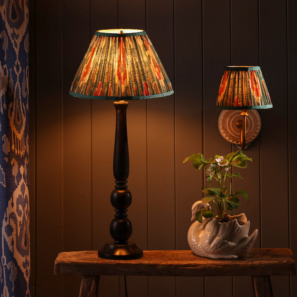 10 inch tapered drum shade for cordless lamps in red aqua Bokhara gathered linen by GP & J Baker
