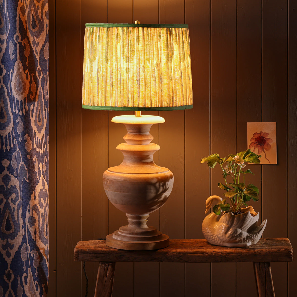 14 inch tapered drum reversible gimbal shade for cordless in green blue Bokhara gathered linen by GP & J Baker