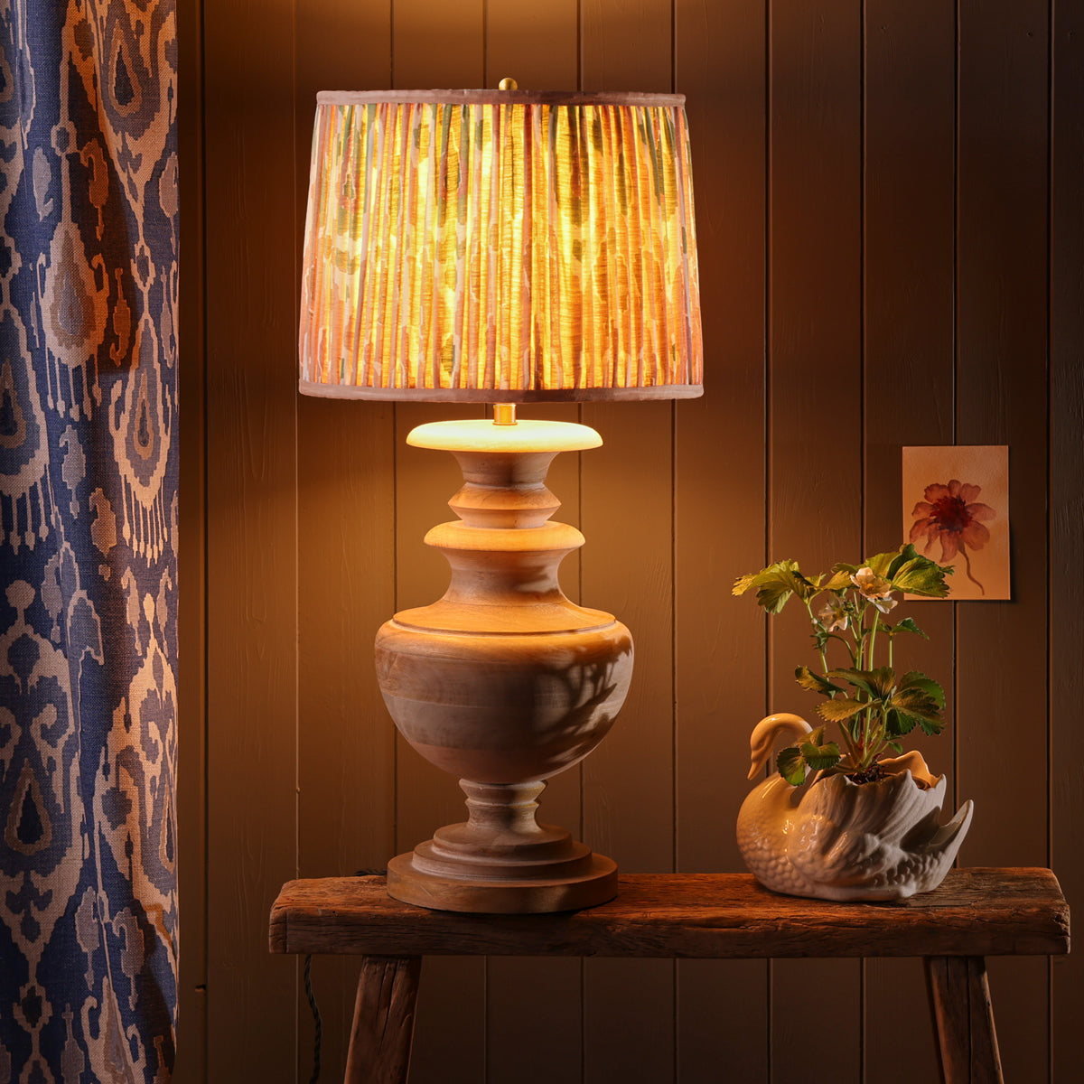 14 inch tapered drum reversible gimbal shade for cordless in blush Bokhara gathered linen by GP & J Baker