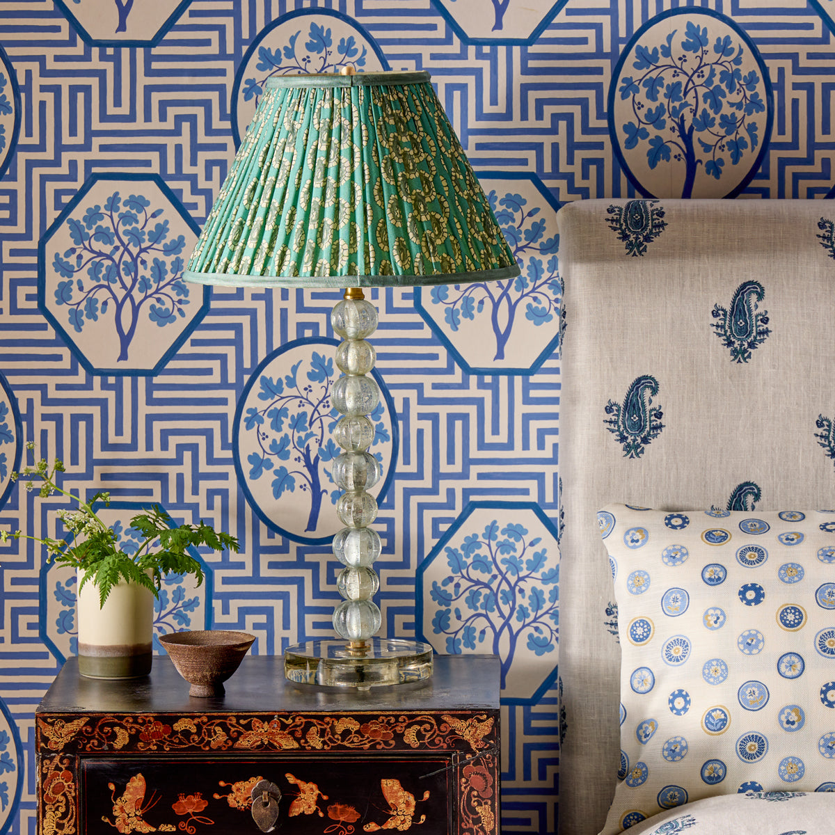 12 inch straight empire shade in aqua block printed Dotty gathered cotton by GP & J Baker