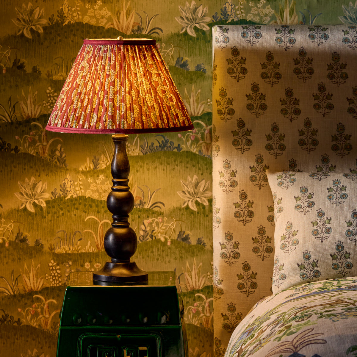 12 inch straight empire shade in oxblood block printed Dotty gathered cotton by GP & J Baker