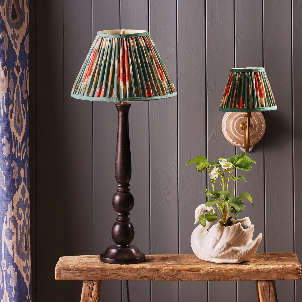10 inch tapered drum shade in red aqua Bokhara gathered linen by GP & J Baker