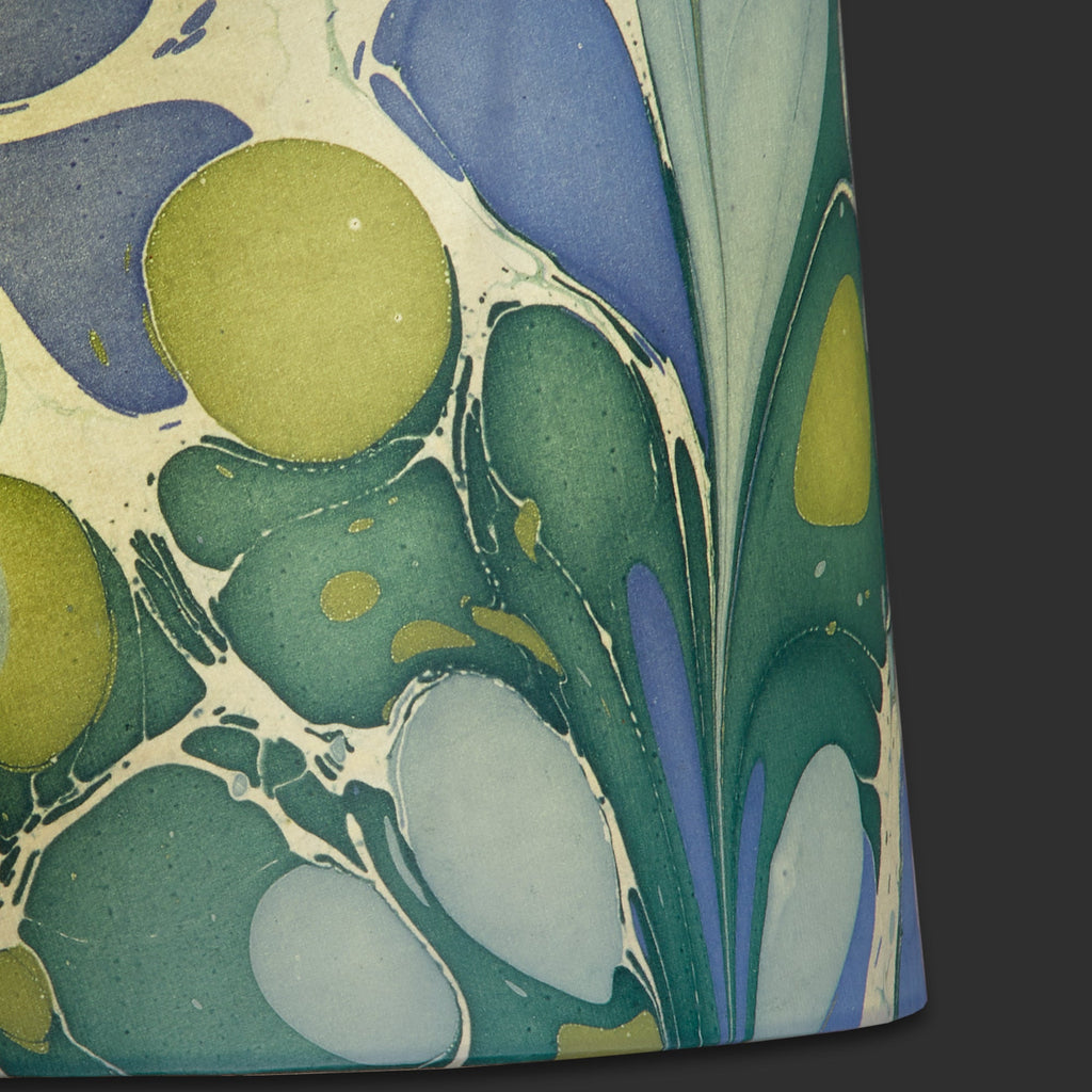 8 inch tall tapered shade in green and blue roya hand made marbled paper