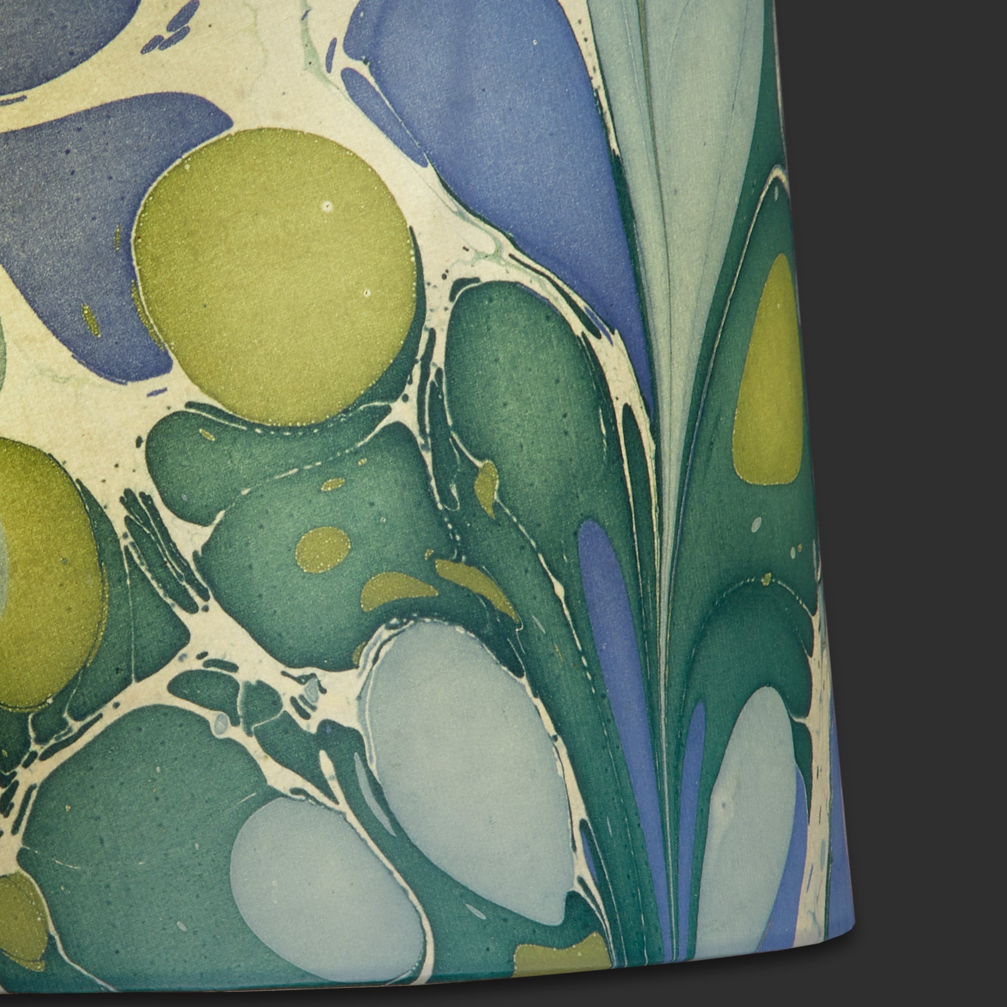 8 inch tall tapered shade in green and blue roya hand made marbled paper