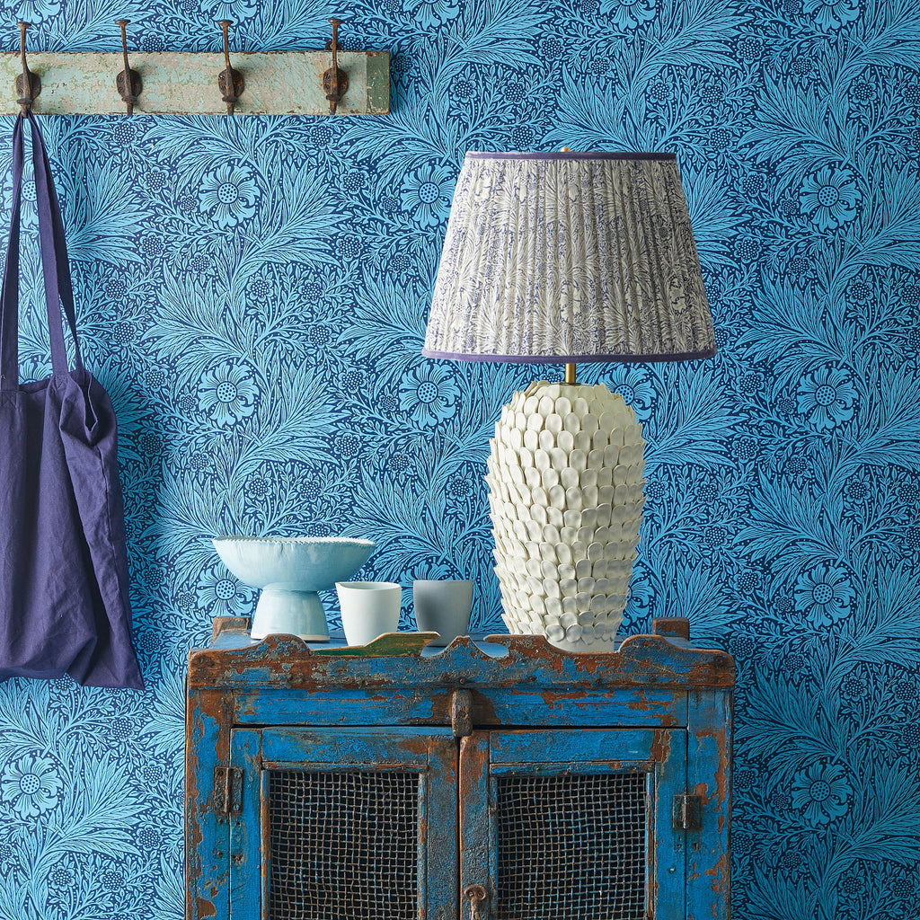 10 inch tall tapered shade in indigo marigold linen by morris & co