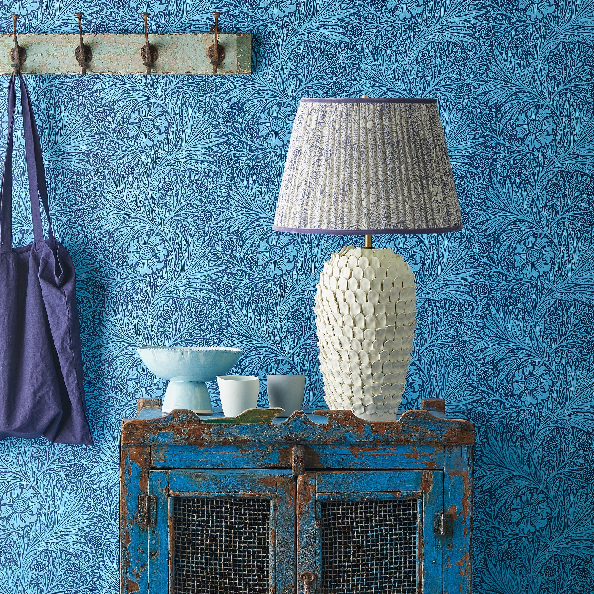 10 inch tall tapered shade in indigo marigold linen by morris & co