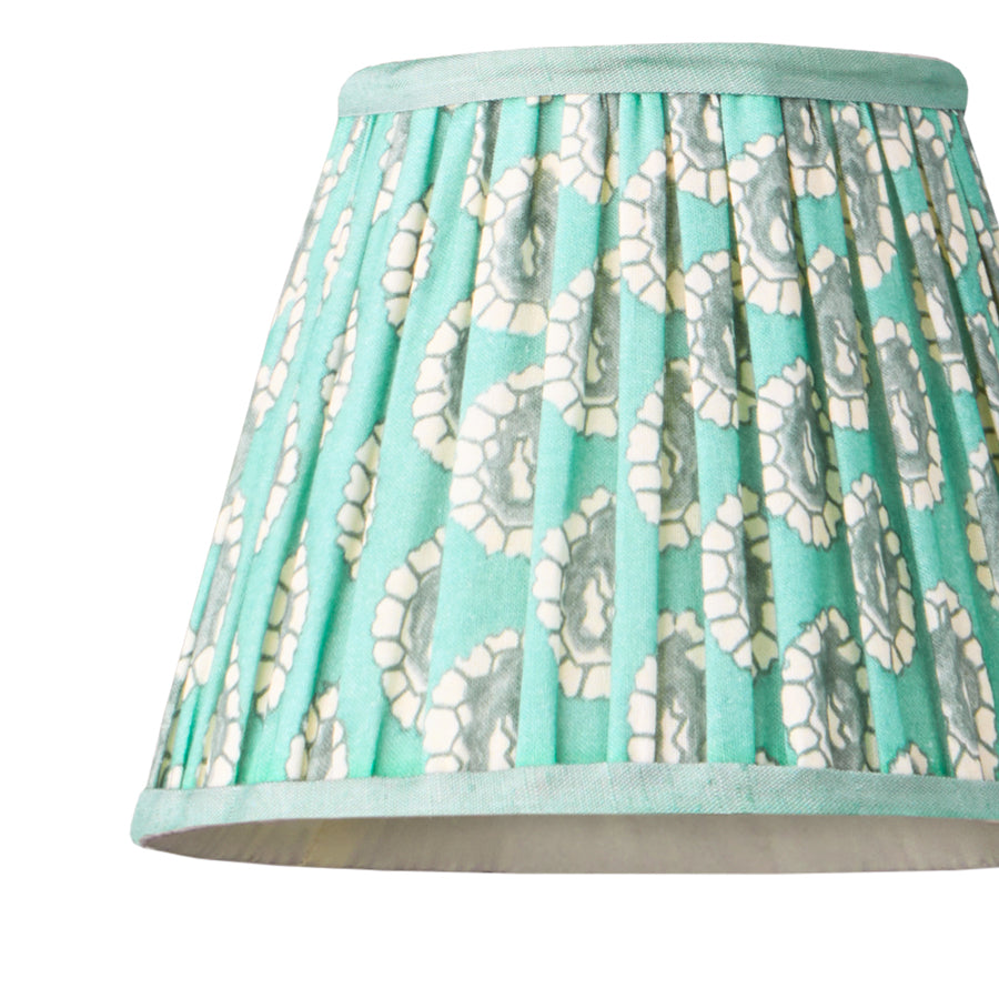 7 inch pendant shade in aqua block printed Dotty gathered cotton by GP & J Baker