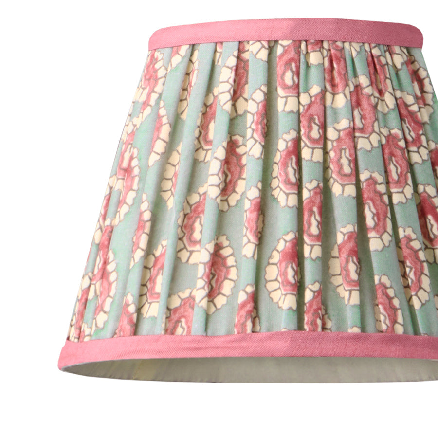 7 inch pendant shade in aqua pink block printed Dotty gathered cotton by GP & J Baker