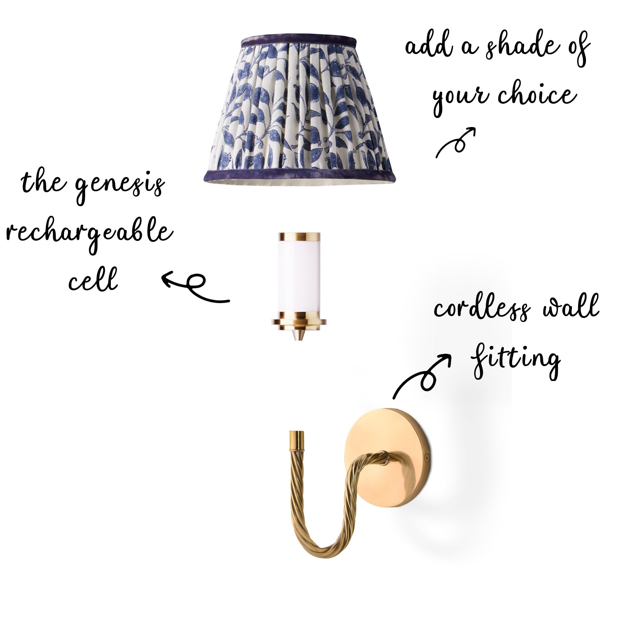 Quingo cordless wall fixture in brass